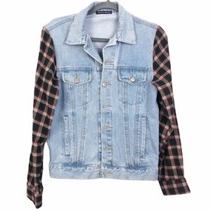 Brandy Melville Jean Jacket with Plaid Flannel Sleeves S